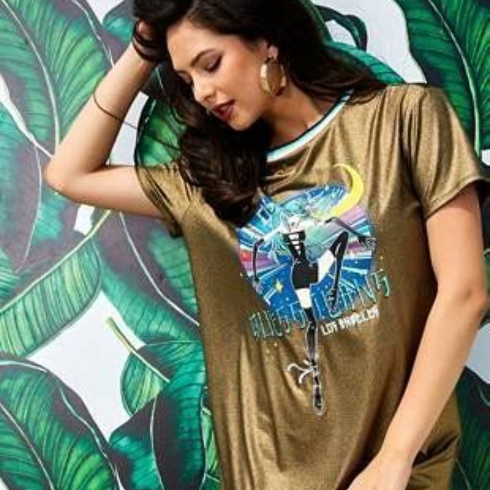 Guess Gold Graphic Logo T-Shirt Dress